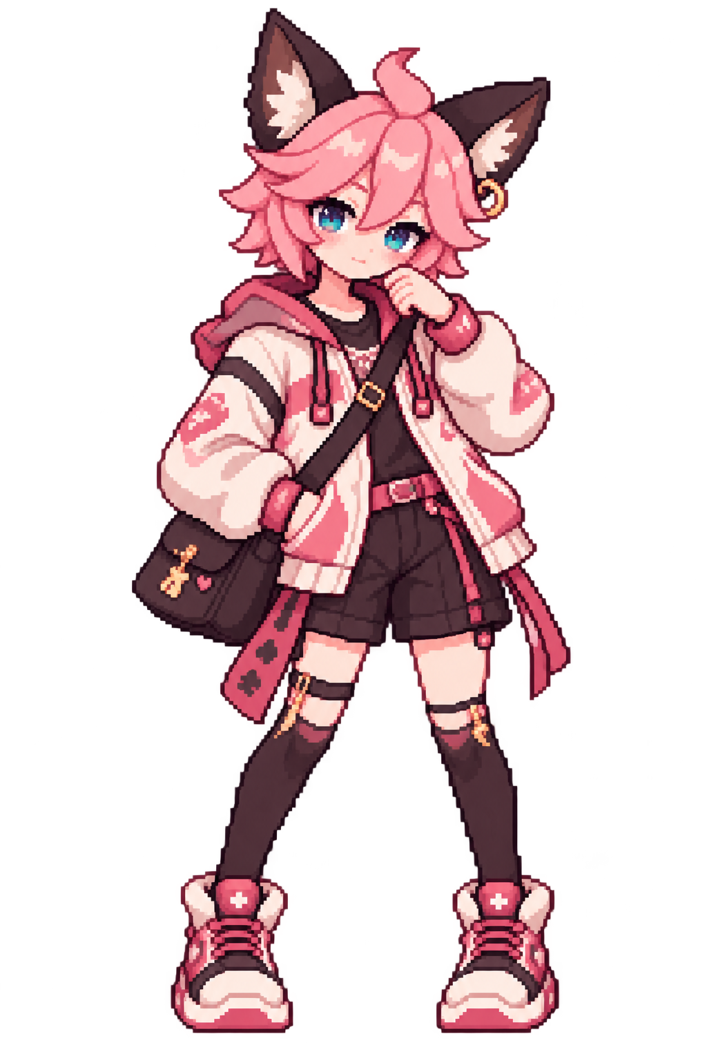 JOYのプロフィールキャラクター。ピンクの髪と獣耳、白とピンクのパーカーのドット絵